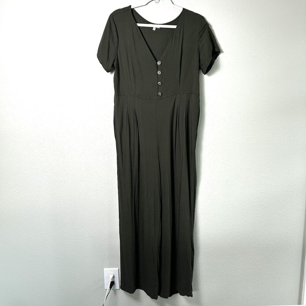 Earthbound Trading Jumpsuit Womens Size L Green Short Sleeve V Neck Pockets Boho